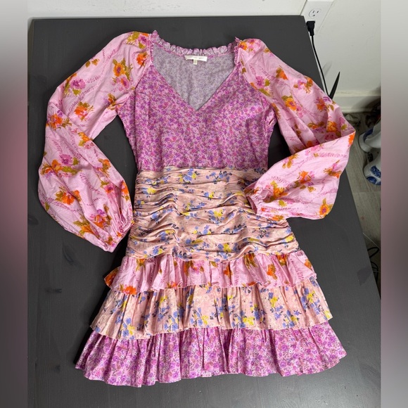 LoveShackFancy Long Sleeve Tiered Ruffle Floral Printed Mini Dress - Pink - Picture 5 of 12